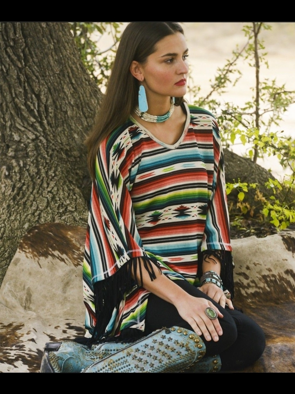 Double D Ranch Oversized Western Striped Multicolored Suede Fringe Poncho